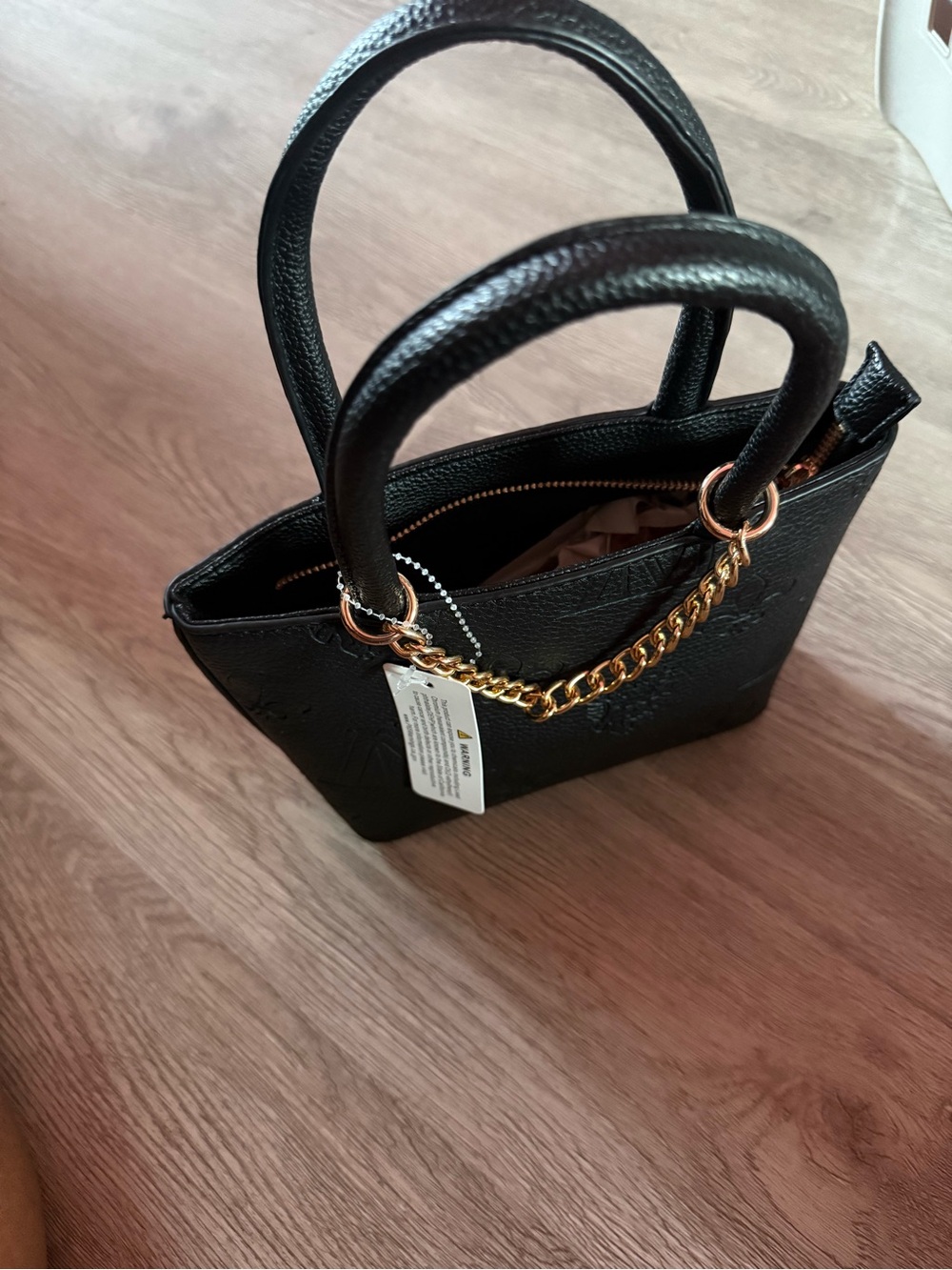 Women's Black Satchel with Gold Chain Detail